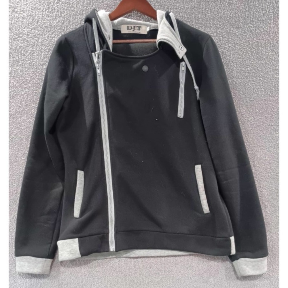 DJT Women's Asymmetrical Zip Moto Hoodie Black Gray Trim Size XL_fits M-S